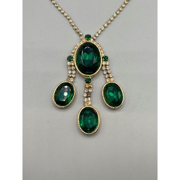 Rhinestones & Green Emerald Glass Stones Necklace Clear & Green Prong Set Stones - Picture 4 of 9